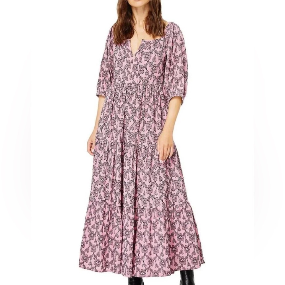 Roller Rabbit Pau Zara Puff Sleeve Floral Cotton Tiered Maxi Dress Pink Size S